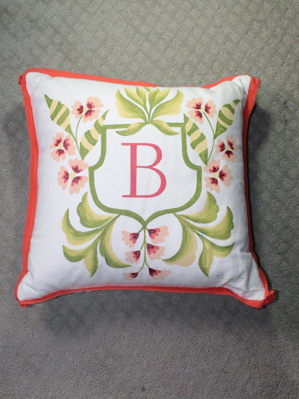 Vintage Hand-Painted "B" Down-Filled Pillow Signed "Larcelae"